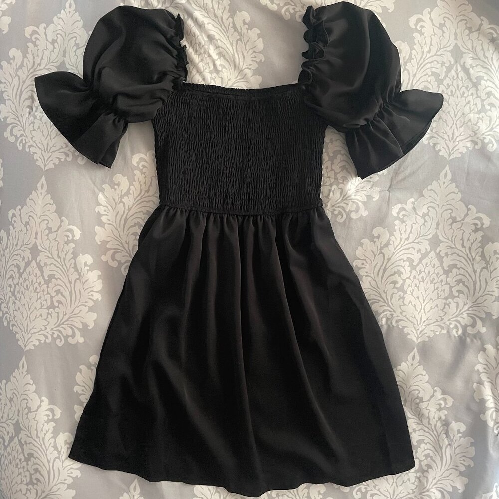 Black Flounce Sleeve Ruffle Hem Dress